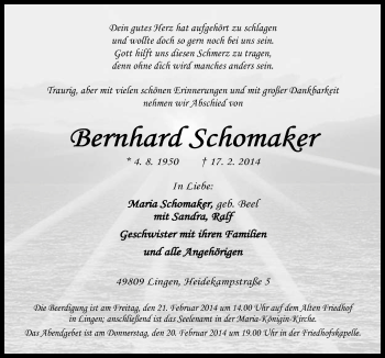 Traueranzeige von Bernhard Schomaker von Neue Osnabrücker Zeitung GmbH & Co. KG