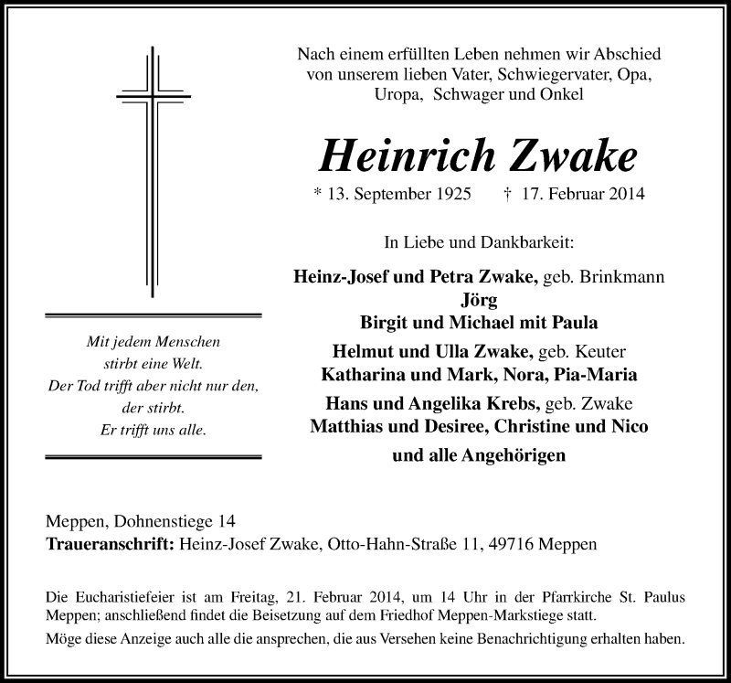  Traueranzeige für Heinrich Zwake vom 19.02.2014 aus Neue Osnabrücker Zeitung GmbH & Co. KG
