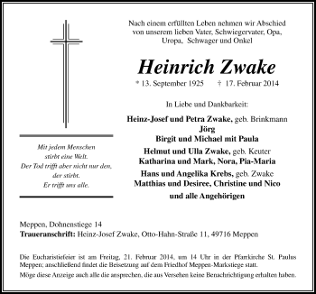 Traueranzeige von Heinrich Zwake von Neue Osnabrücker Zeitung GmbH & Co. KG