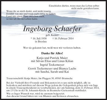 Traueranzeige von Ingeborg Schaefer von Neue Osnabrücker Zeitung GmbH & Co. KG