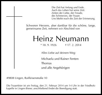 Traueranzeige von Heinz Neumann von Neue Osnabrücker Zeitung GmbH & Co. KG