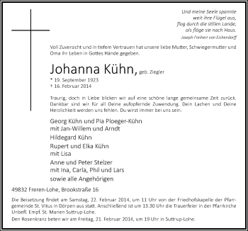 Traueranzeige von Johanna Kühn von Neue Osnabrücker Zeitung GmbH & Co. KG