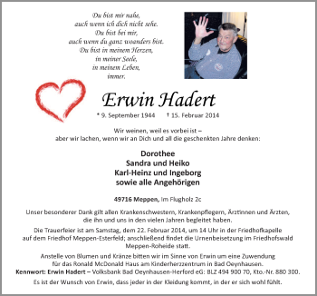 Traueranzeige von Erwin Hadert von Neue Osnabrücker Zeitung GmbH & Co. KG