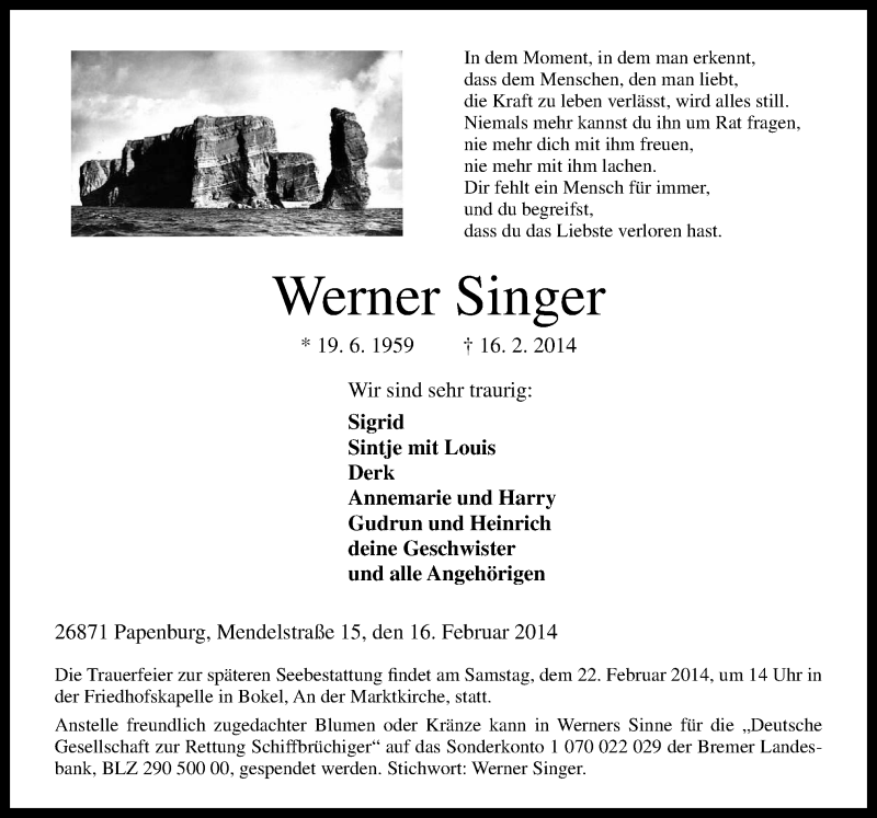  Traueranzeige für Werner Singer vom 19.02.2014 aus Neue Osnabrücker Zeitung GmbH & Co. KG