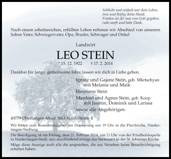 Traueranzeige von Leo Stein von Neue Osnabrücker Zeitung GmbH & Co. KG