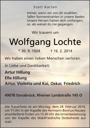 Traueranzeige von Wolfgang Lochte von Neue Osnabrücker Zeitung GmbH & Co. KG