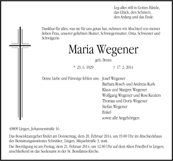 Traueranzeige von Maria Wegener von Neue Osnabrücker Zeitung GmbH & Co. KG