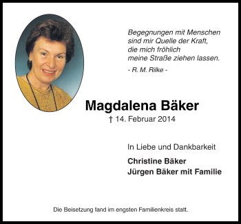 Traueranzeige von Magdalena Bäker von Neue Osnabrücker Zeitung GmbH & Co. KG