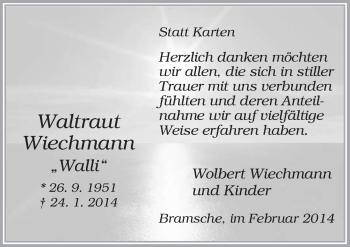 Traueranzeige von Waltraut Wiechmann
 von Neue Osnabrücker Zeitung GmbH & Co. KG