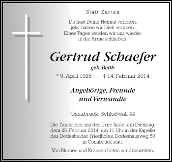 Traueranzeige von Gertrud Schaefer von Neue Osnabrücker Zeitung GmbH & Co. KG