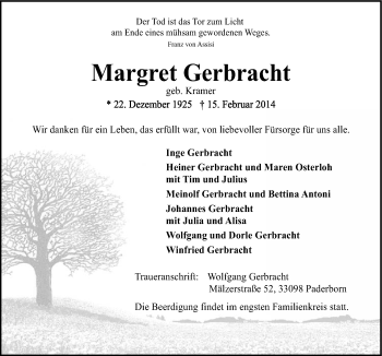 Traueranzeige von Margret Gerbracht von Neue Osnabrücker Zeitung GmbH & Co. KG