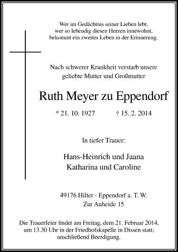 Traueranzeige von Ruth Meyer zu Eppendorf von Neue Osnabrücker Zeitung GmbH & Co. KG
