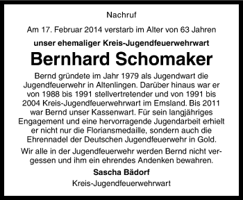 Traueranzeige von Bernhard Schomaker von Neue Osnabrücker Zeitung GmbH & Co. KG