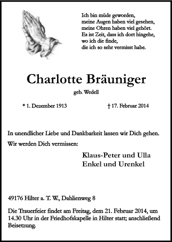 Traueranzeige von Charlotte Bräuninger von Neue Osnabrücker Zeitung GmbH & Co. KG