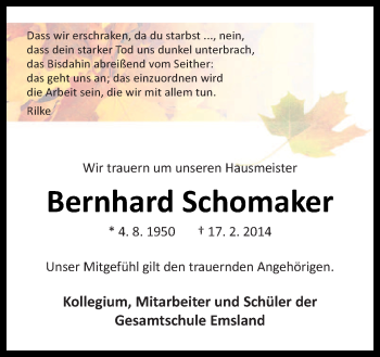 Traueranzeige von Bernhard Schomaker von Neue Osnabrücker Zeitung GmbH & Co. KG