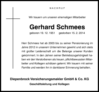 Traueranzeige von Gerhard Schmees von Neue Osnabrücker Zeitung GmbH & Co. KG