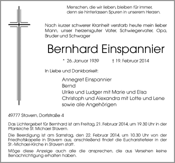 Traueranzeige von Bernhard Einspannier von Neue Osnabrücker Zeitung GmbH & Co. KG