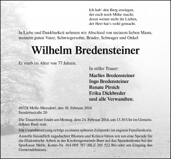 Traueranzeige von Wilhelm Bredensteiner von Neue Osnabrücker Zeitung GmbH & Co. KG