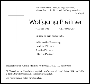 Traueranzeige von Wolfgang Pleitner von Neue Osnabrücker Zeitung GmbH & Co. KG