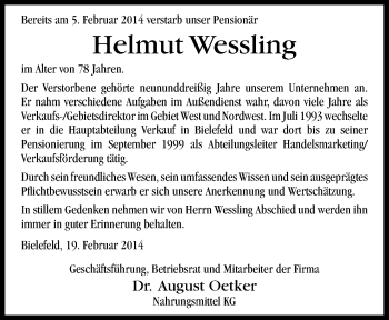 Traueranzeige von Helmut Wessling von Neue Osnabrücker Zeitung GmbH & Co. KG