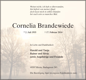 Traueranzeige von Cornelia Brandewiede von Neue Osnabrücker Zeitung GmbH & Co. KG