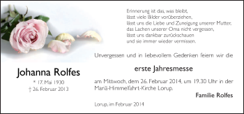 Traueranzeige von Johanna Rolfes von Neue Osnabrücker Zeitung GmbH & Co. KG