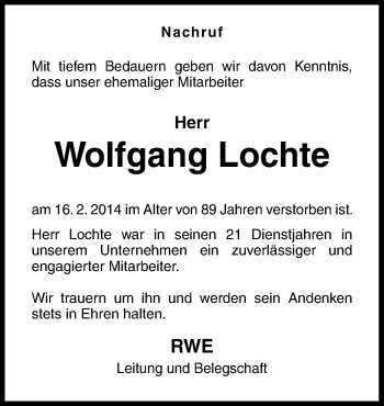 Traueranzeige von Wolfgang Lochte von Neue Osnabrücker Zeitung GmbH & Co. KG