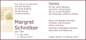 Traueranzeige von Margret Schnitker von Neue Osnabrücker Zeitung GmbH & Co. KG