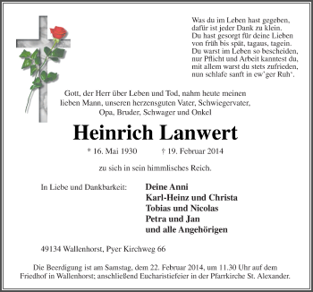 Traueranzeige von Heinrich Lanwert von Neue Osnabrücker Zeitung GmbH & Co. KG