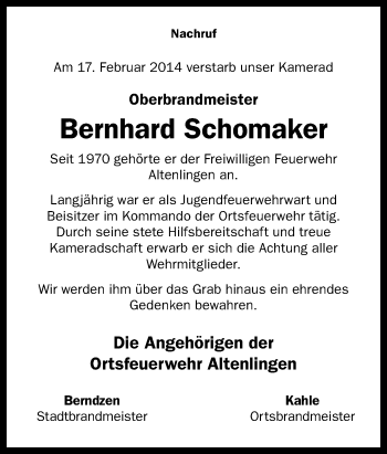 Traueranzeige von Bernhard Schomaker von Neue Osnabrücker Zeitung GmbH & Co. KG