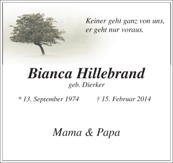Traueranzeige von Bianca Hillebrand von Neue Osnabrücker Zeitung GmbH & Co. KG
