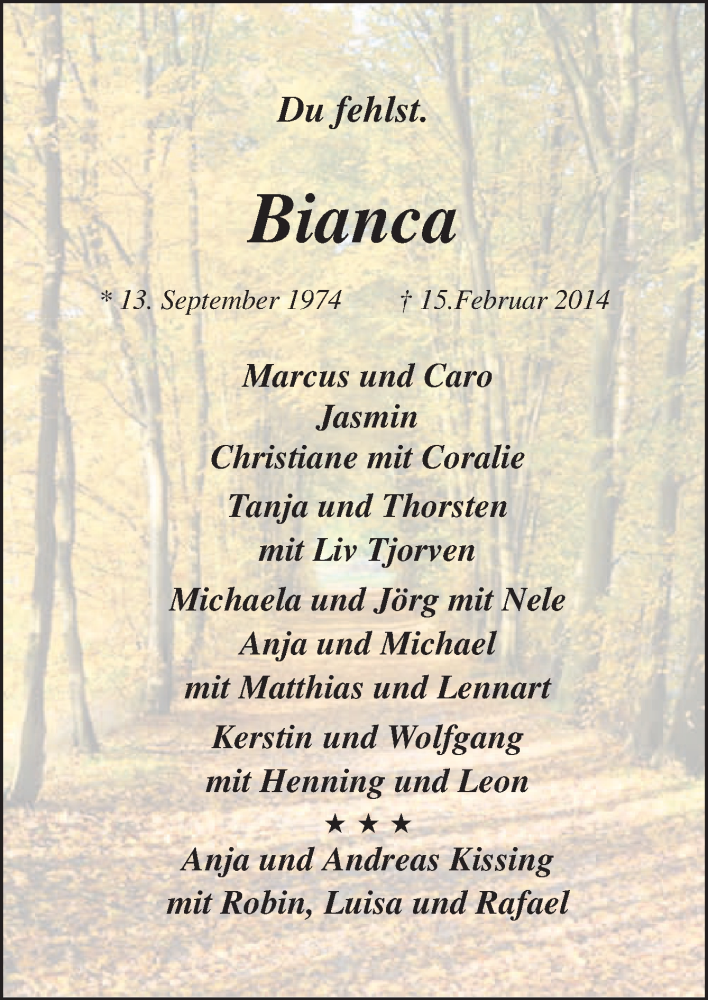  Traueranzeige für Bianca  vom 24.02.2014 aus Neue Osnabrücker Zeitung GmbH & Co. KG