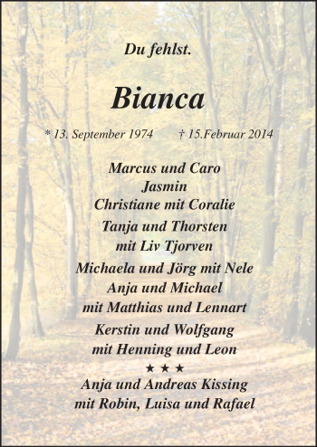 Traueranzeige von Bianca  von Neue Osnabrücker Zeitung GmbH & Co. KG
