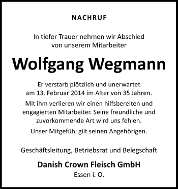 Traueranzeige von Wolfgang Wegmann von Neue Osnabrücker Zeitung GmbH & Co. KG