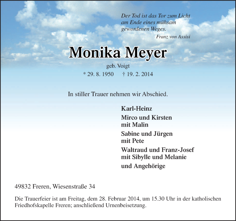  Traueranzeige für Monika Mreeriim vom 21.02.2014 aus Neue Osnabrücker Zeitung GmbH & Co. KG