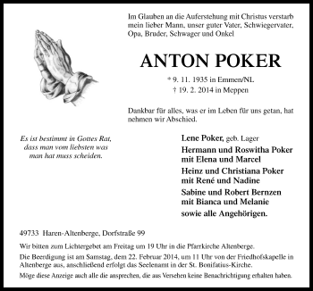 Traueranzeige von Anton Poker von Neue Osnabrücker Zeitung GmbH & Co. KG