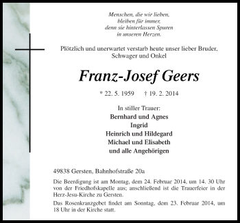 Traueranzeige von Franz-Josef Geers von Neue Osnabrücker Zeitung GmbH & Co. KG