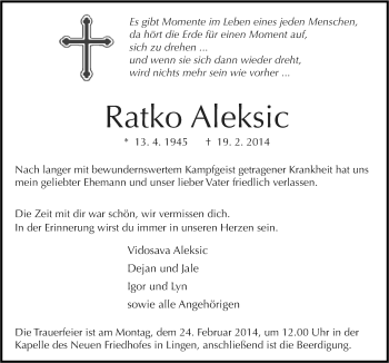 Traueranzeige von Ratko Aleksic von Neue Osnabrücker Zeitung GmbH & Co. KG