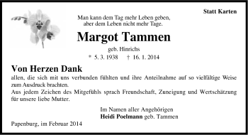 Traueranzeige von Margot Tammen von Neue Osnabrücker Zeitung GmbH & Co. KG