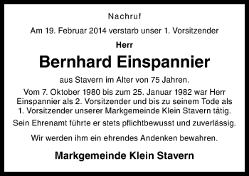 Traueranzeige von Bernhard Einspannier von Neue Osnabrücker Zeitung GmbH & Co. KG