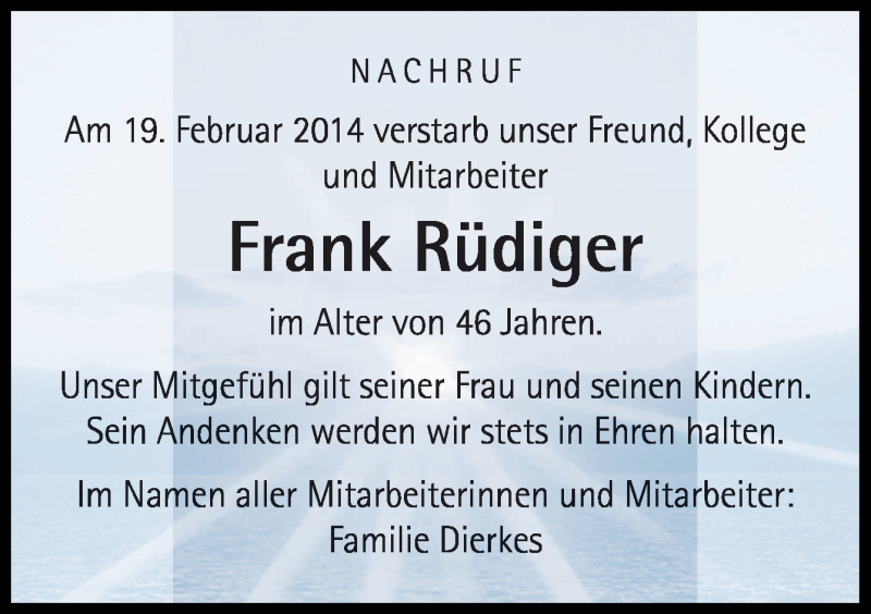  Traueranzeige für Frank Rüdiger vom 22.02.2014 aus Neue Osnabrücker Zeitung GmbH & Co. KG