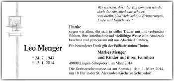 Traueranzeige von Leo Menger von Neue Osnabrücker Zeitung GmbH & Co. KG