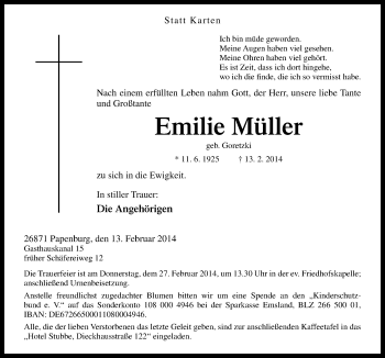 Traueranzeige von Emilie Müller von Neue Osnabrücker Zeitung GmbH & Co. KG