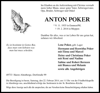 Traueranzeige von Anton Poker von Neue Osnabrücker Zeitung GmbH & Co. KG