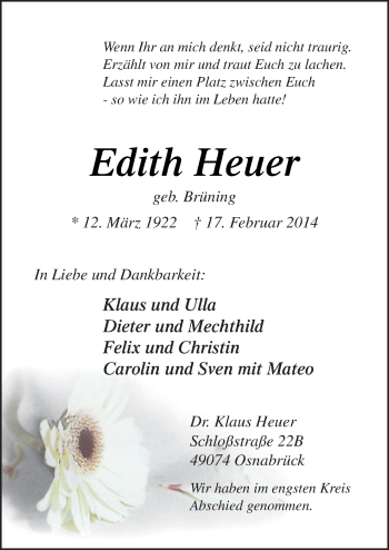 Traueranzeige von Edith Heuer von Neue Osnabrücker Zeitung GmbH & Co. KG