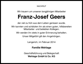 Traueranzeige von Franz-Josef Geers von Neue Osnabrücker Zeitung GmbH & Co. KG