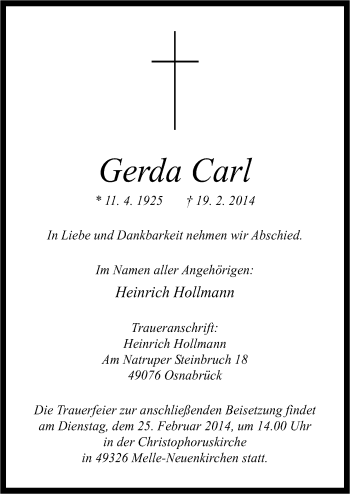 Traueranzeige von Gerda Carl von Neue Osnabrücker Zeitung GmbH & Co. KG