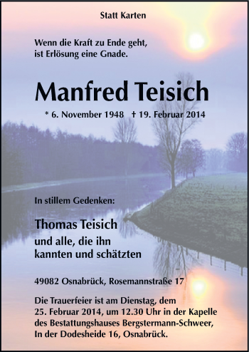 Traueranzeige von Manfred Teisich von Neue Osnabrücker Zeitung GmbH & Co. KG