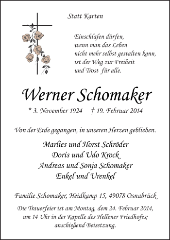 Traueranzeige von Werner Schomaker von Neue Osnabrücker Zeitung GmbH & Co. KG