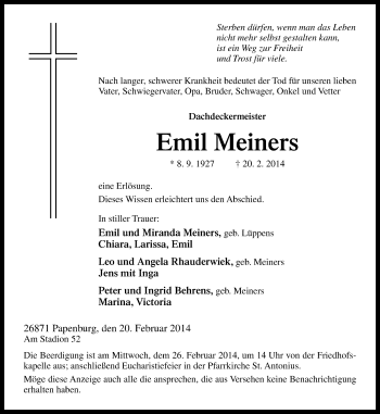 Traueranzeige von Emil Meiners von Neue Osnabrücker Zeitung GmbH & Co. KG